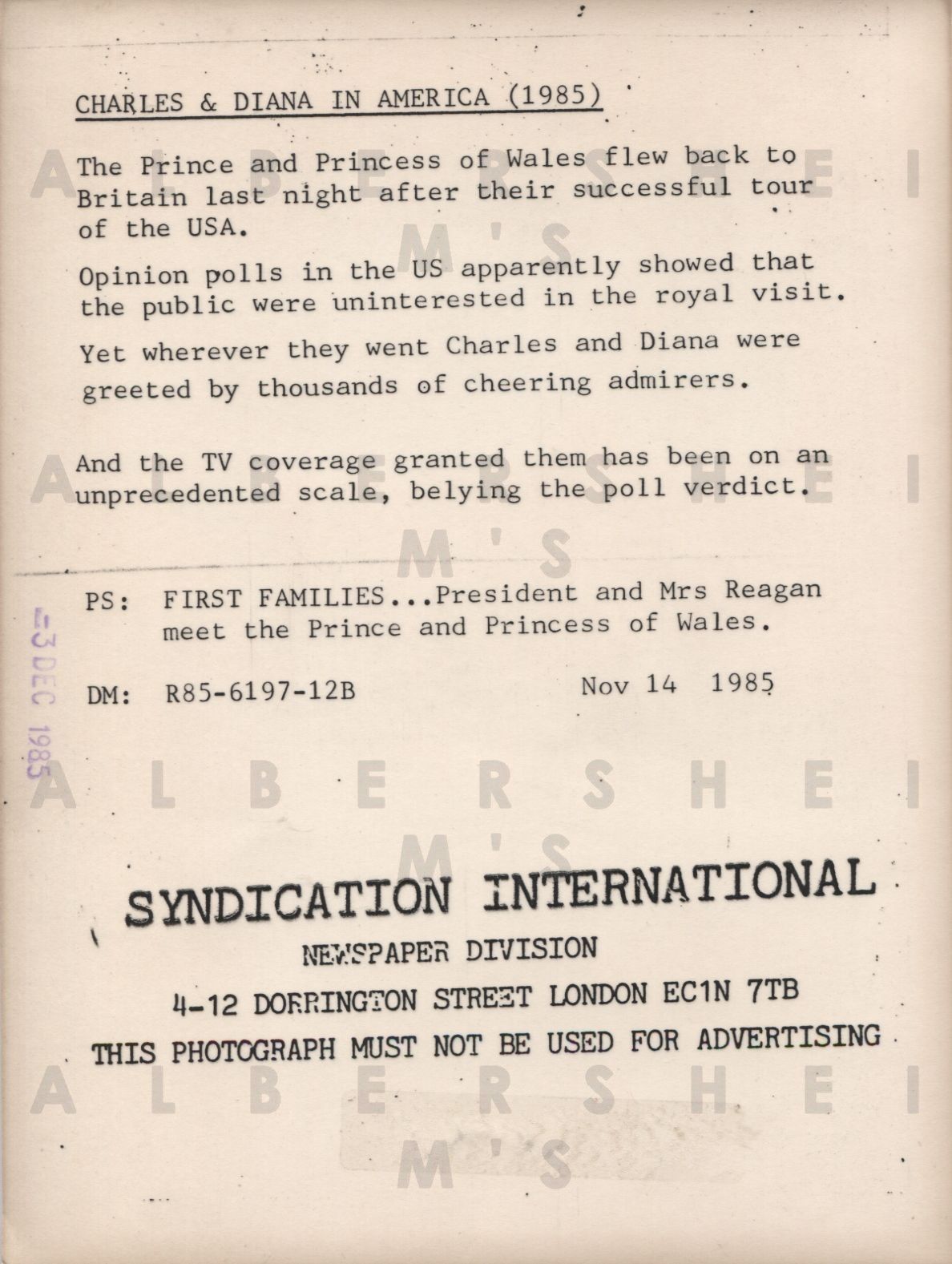 1st Families Ronald & Nancy Reagan greet Princess Di & Prince Charles 1985 Original Photo