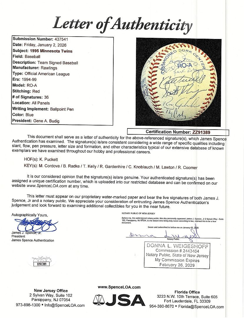 1995 Minnesota Twins Team Signed AUTO Baseball 36 sigs /w Kirby Puckett JSA LOA