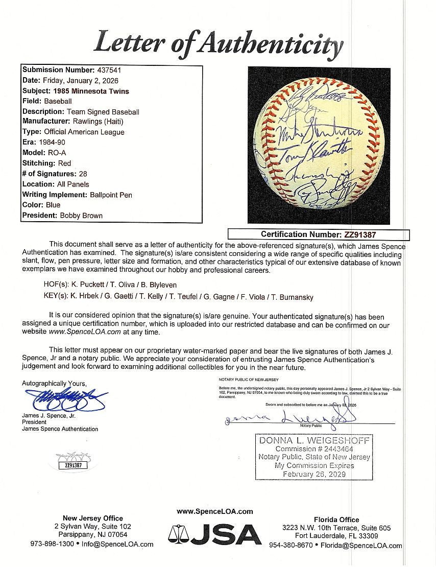 1985 Minnesota Twins Team Signed AUTO Baseball 28 sigs /w Kirby Puckett JSA LOA