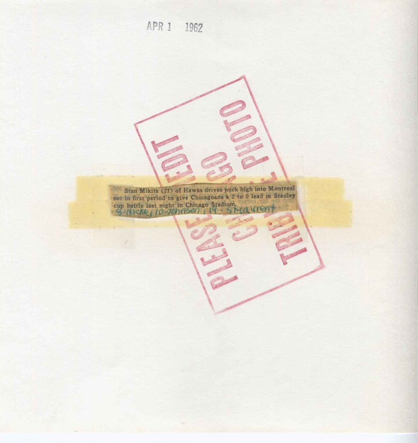 Stan Mikita scores on Jacques Plante original 1962 Stanley Cup photo