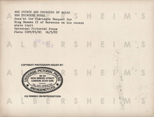 Princess Di and Charles at a banquet for King Hasan II of Morocco - 1987 Original Photo