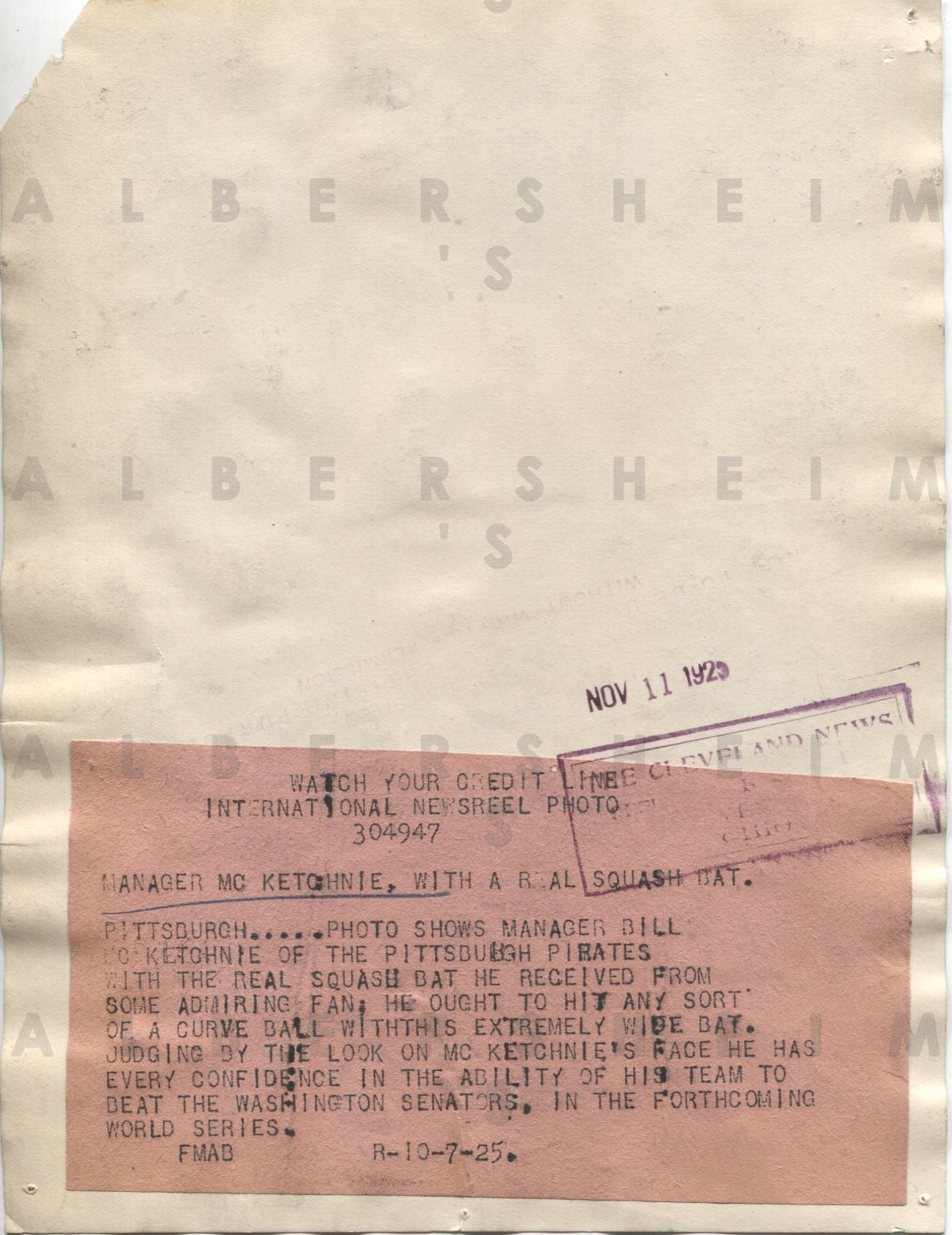 1925 Bill McKechnie original TYPE I photo Leads the Pirates to World Series