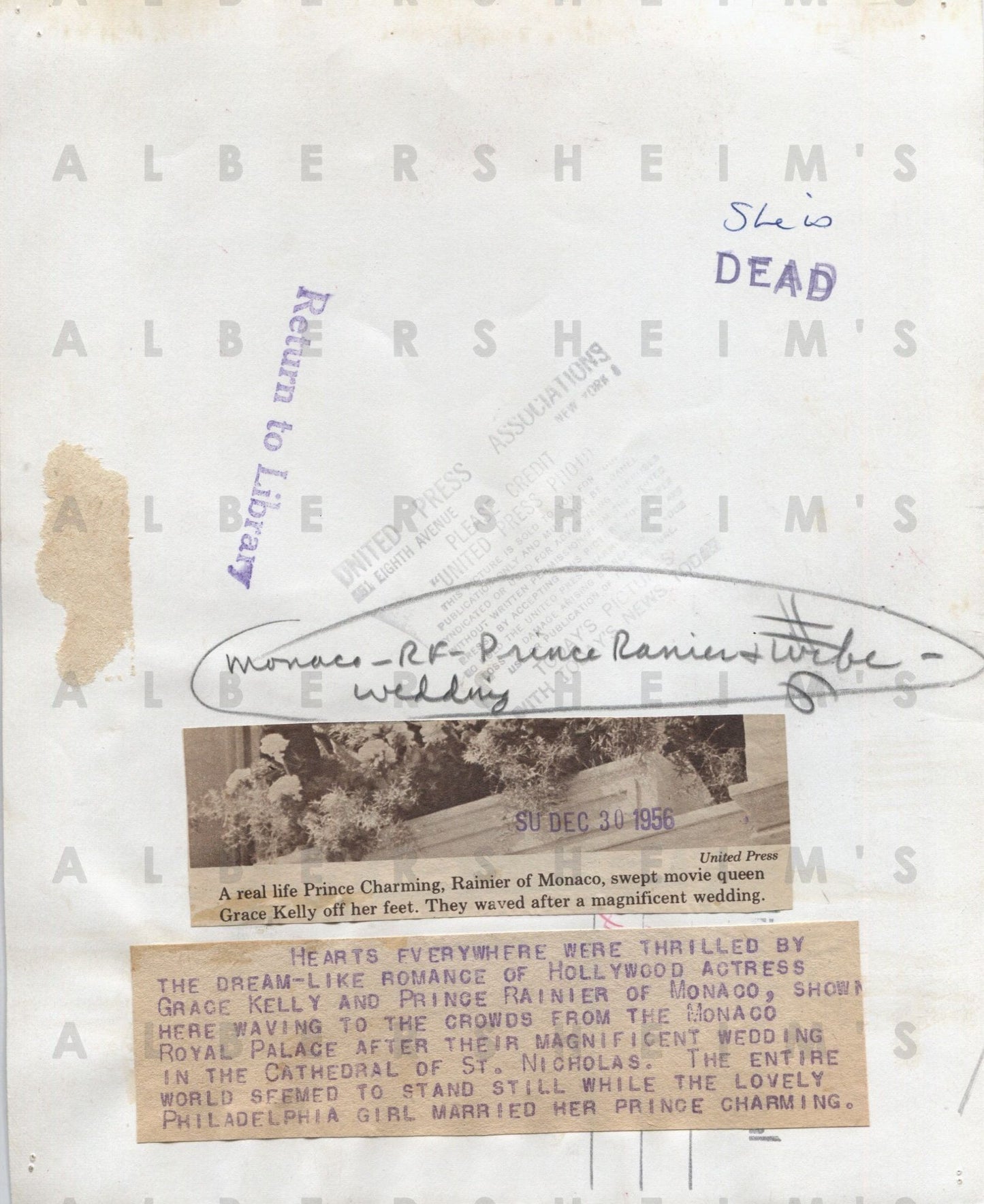 1956 Grace Kelly original photo - "Becomes Real Life Princess" Wedding to Prince Rainier of Monaco