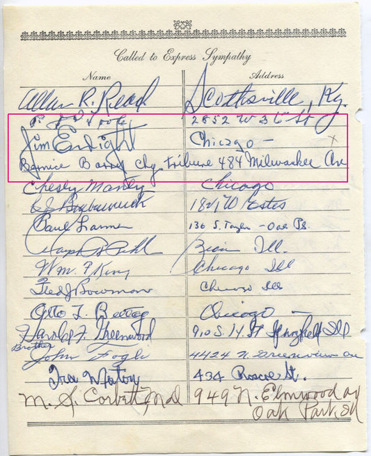 Jim Enright multi-signed 1955 Arch Ward Funeral Guest Book Page