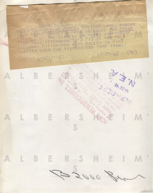 Steelers Giants Action Shot - Arnie Herber's pass Deflected 1945 Original Photo