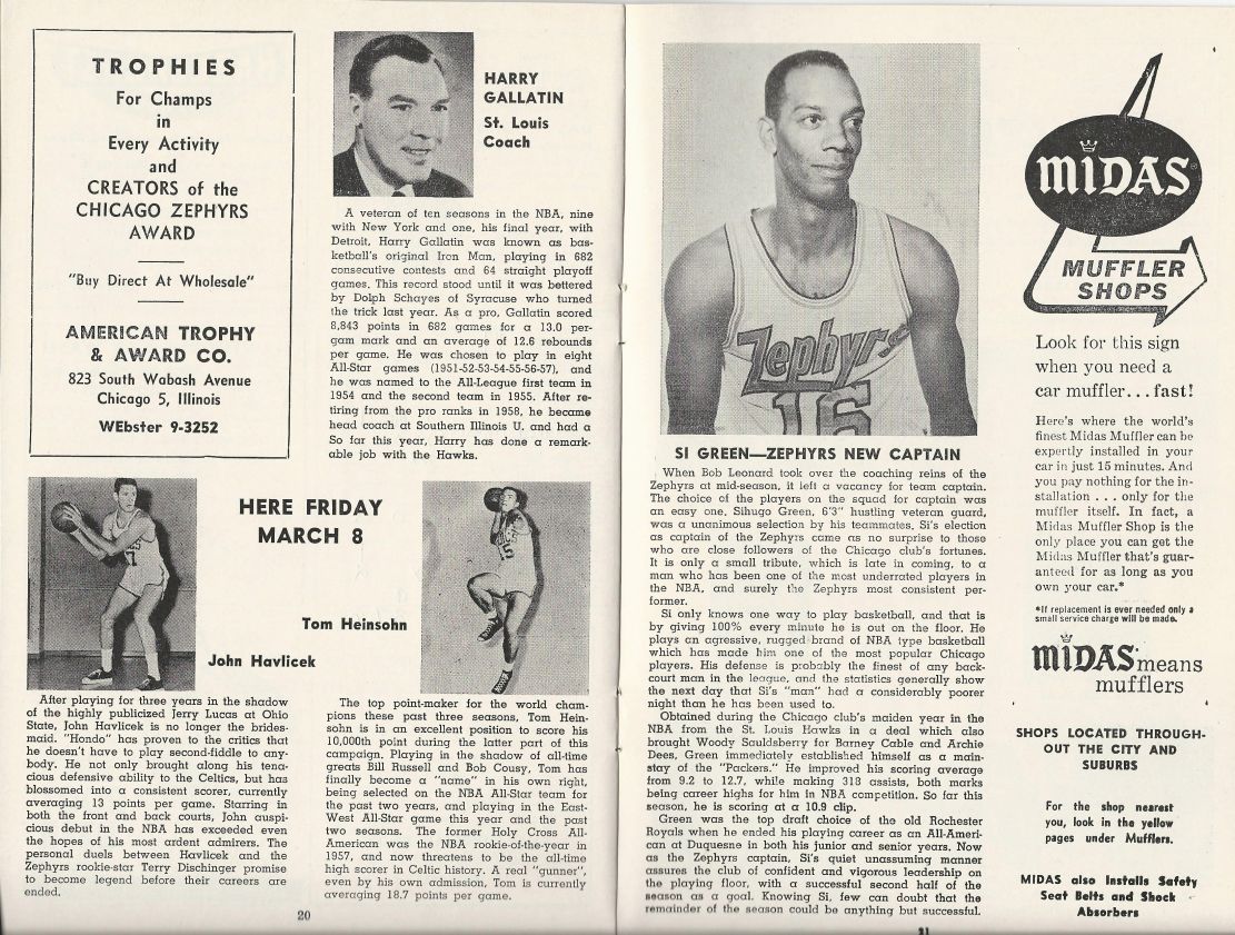 1963 Chicago Zephyrs vs. St. Louis Hawks 3-5-63 NBA basketball program 1 year team