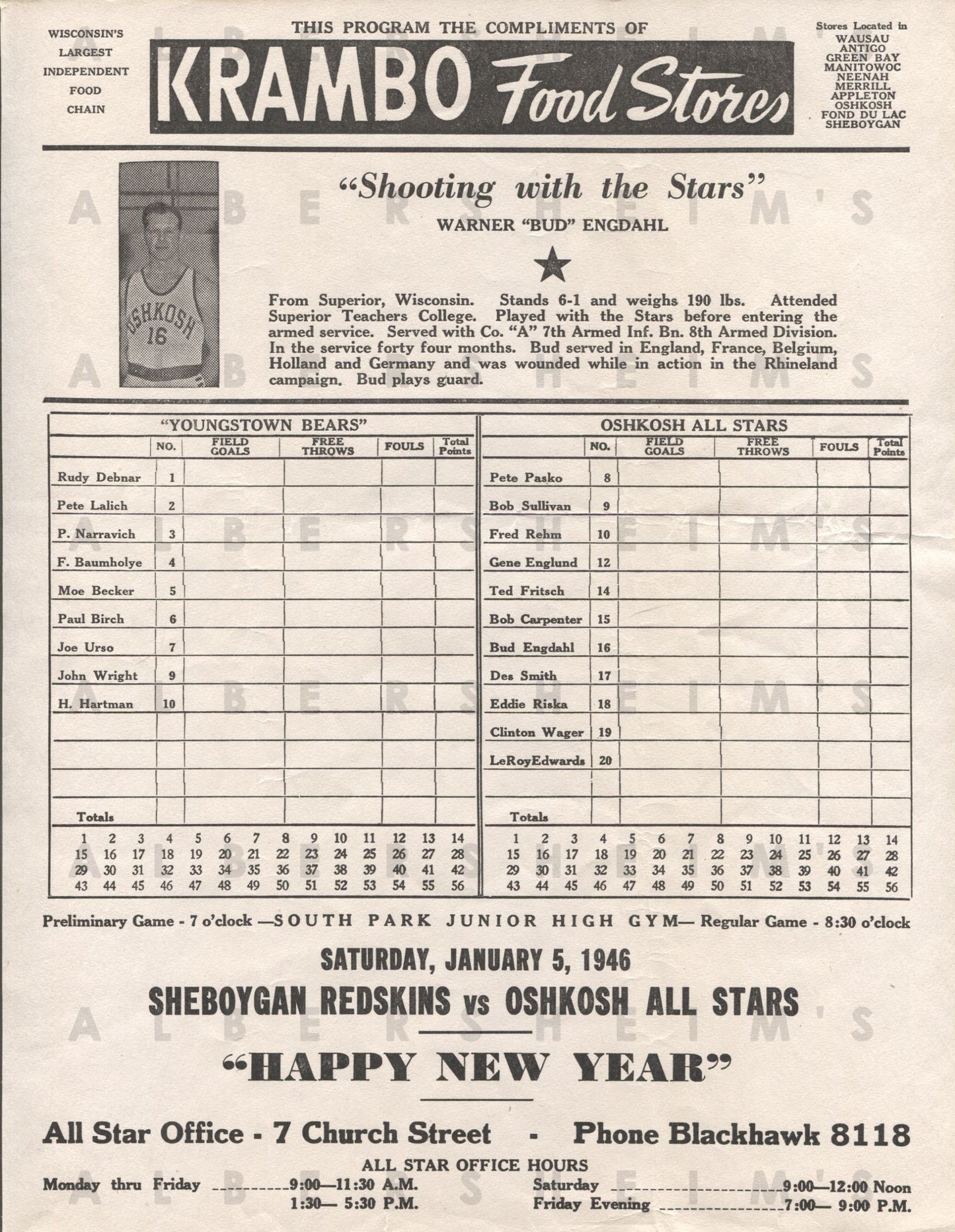 1945 Oshkosh All Stars vs Youngstown Bears Scorecard Program Press Maravich