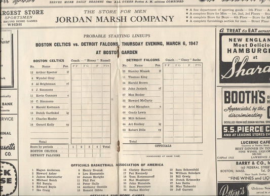 Boston Celtics vs. Detroit Falcons First 1st Year NBA basketball program March 6, 1947