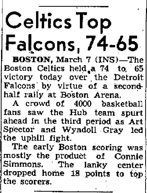 Boston Celtics vs. Detroit Falcons First 1st Year NBA basketball program March 6, 1947