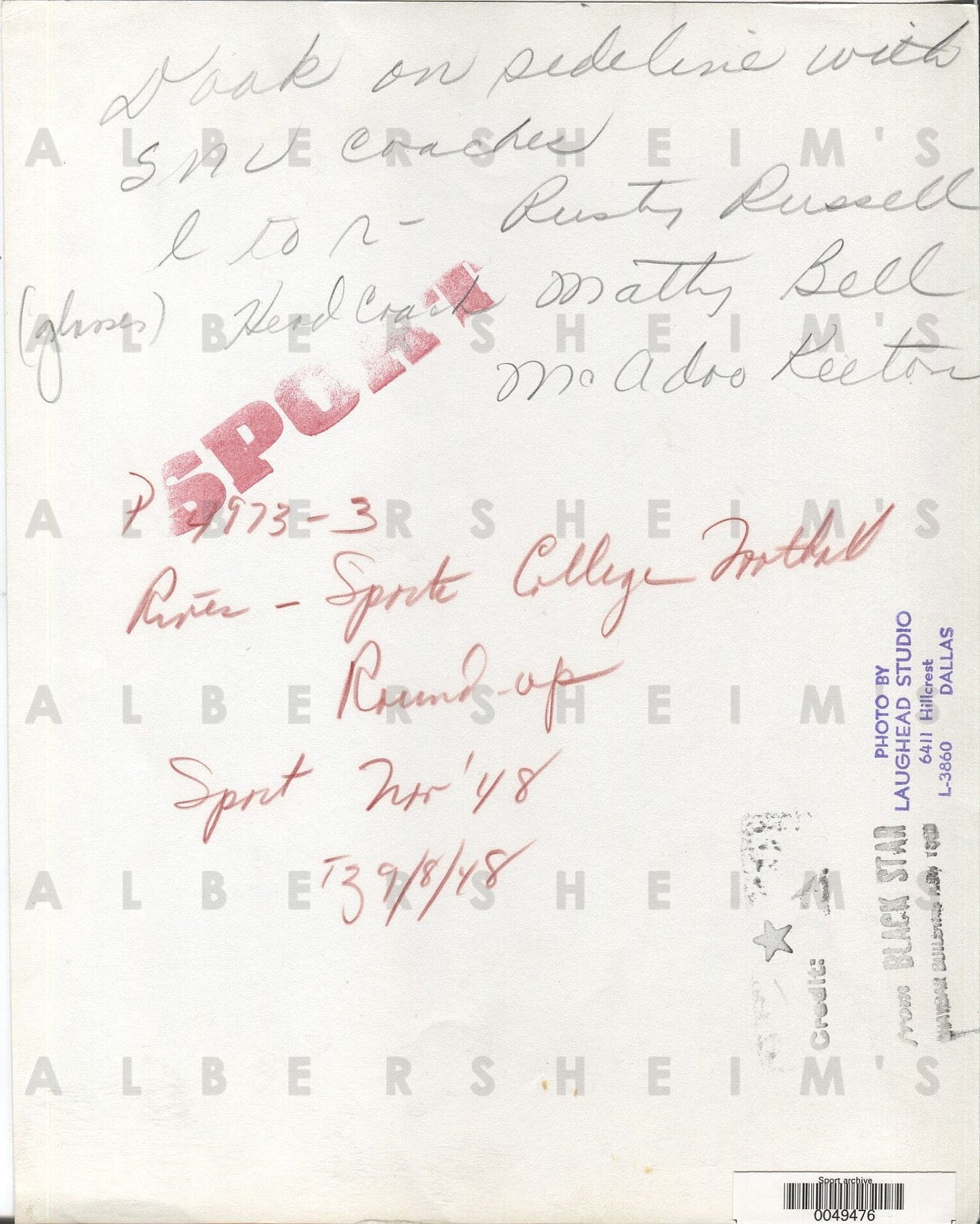 Doak Walker & Matty Bell SMU football 1948 Original Photo Heisman HOF