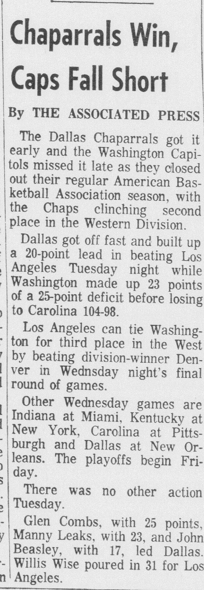 April 14, 1970 Dallas Chaparrals vs. L.A. Stars ABA Basketball program - Last Home Game