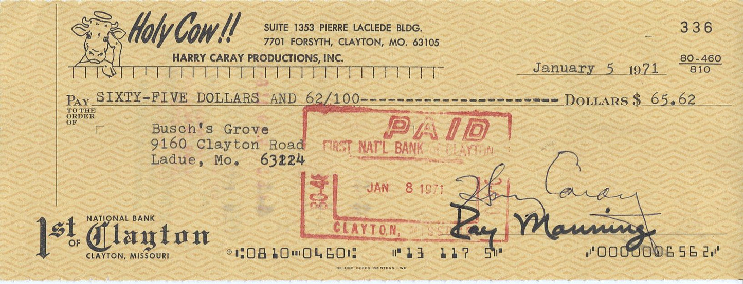 Harry Caray Signed Holy Cow Check Chicago Cubs Cardinals Baseball HOF