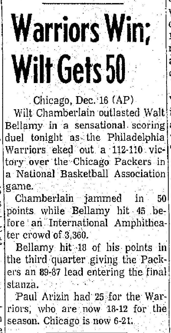 1961 Chicago Packers vs Warriors NBA basketball program - Wilt Chamberlain 50 Points