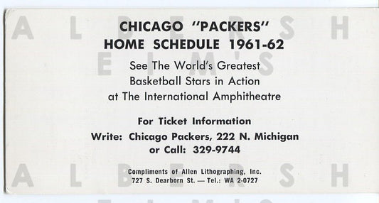 1961-62 Chicago Packers 1 Year NBA basketball team Original Schedule