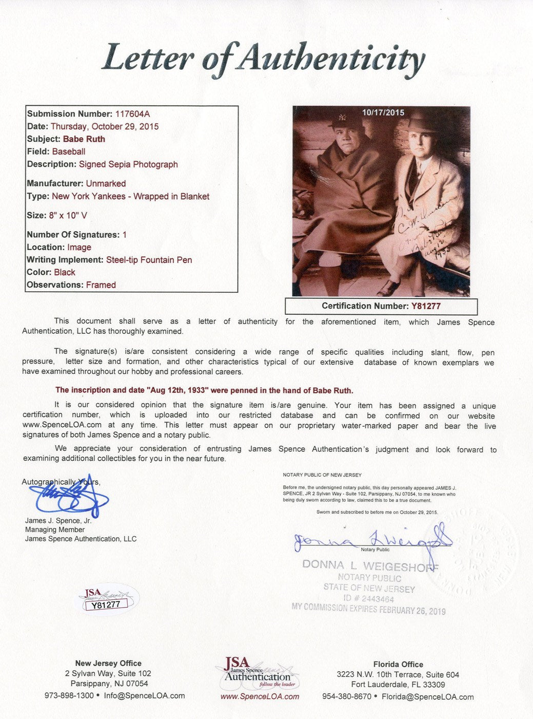 Babe Ruth Signed Autographed Type I Original 1933 Photo