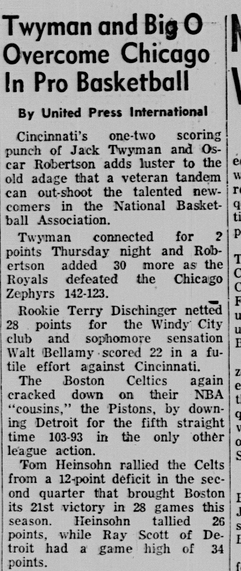 1962 Chicago Zephyrs vs. Cincinnati Royals 1962 Scorecard Program Oscar Robertson 30 PTS