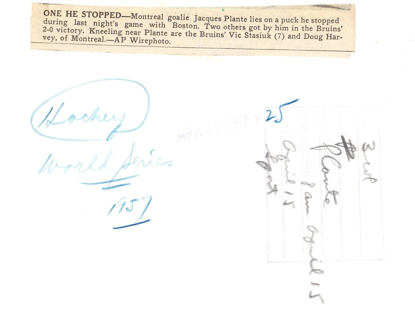 Jacques Plante & Doug Harvey Game 4 Stanley Cup 1957 original AP wire photo