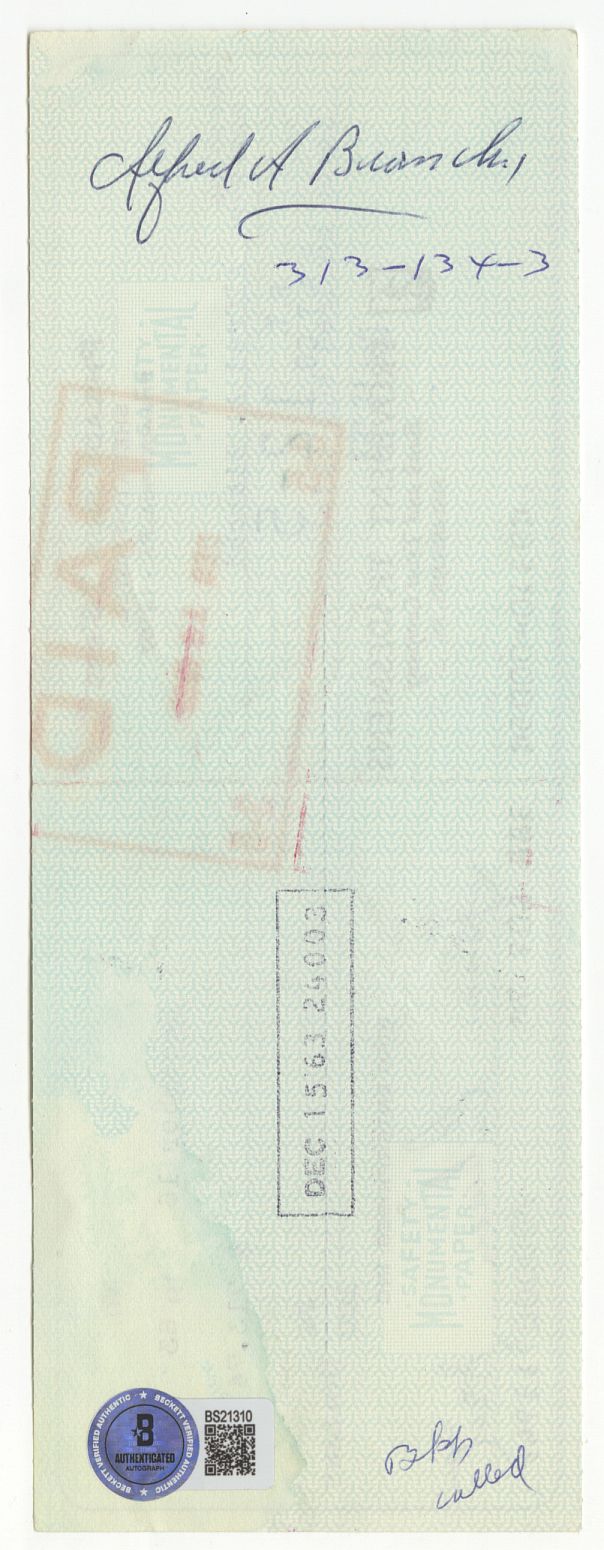 Al Bianchi - Ike Richman signed AUTO 1963 Philadelphia 76ers payroll check – Inaugural Season BAS