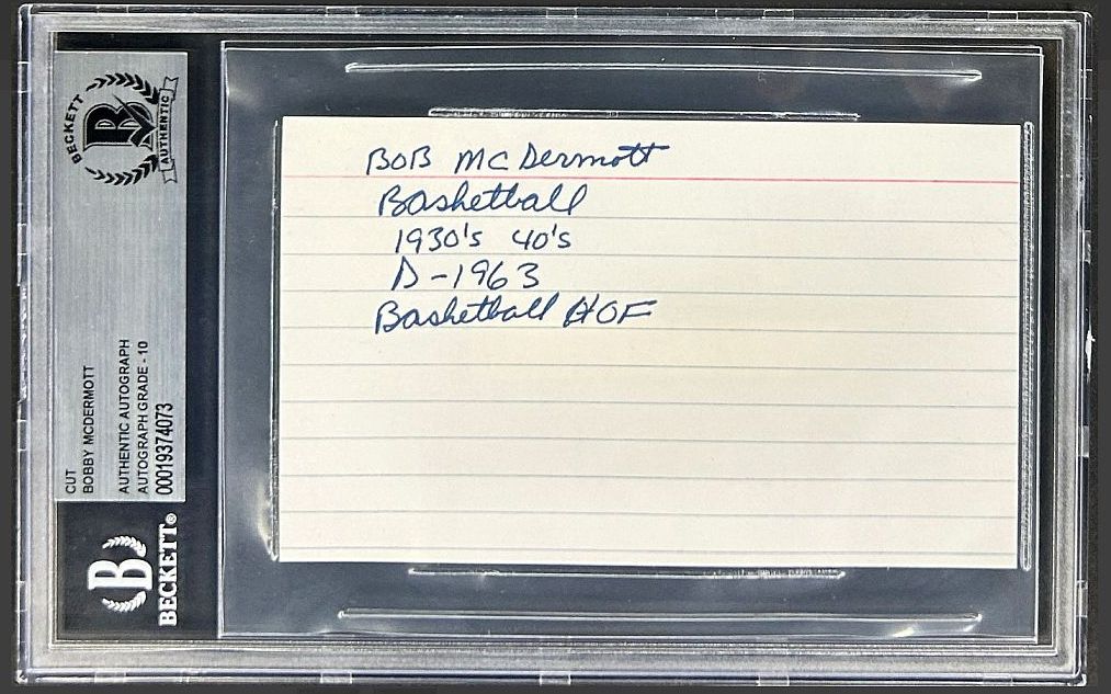 Bobby McDermott Signed AUTO 3x5 index card display Basketball HOF D. 1963
