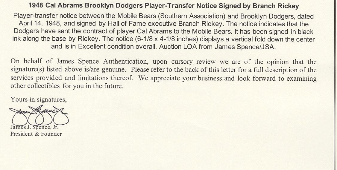 Branch Rickey Signed AUTO Historic Brooklyn Dodgers Cal Abrams Brooklyn Dodgers Player Transfer Notice JSA