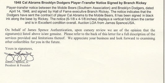 Branch Rickey Signed AUTO Historic Brooklyn Dodgers Cal Abrams Brooklyn Dodgers Player Transfer Notice JSA