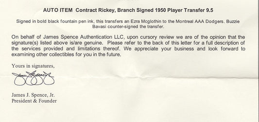 Branch Rickey & Buzzie Bavasi Brooklyn Dodgers Montreal Royals Signed AUTO Baseball Contract Agreement