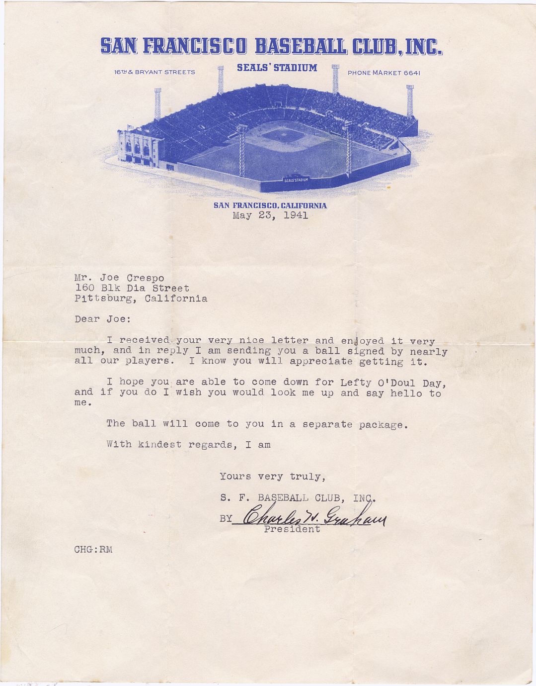 Charlie Graham Signed AUTO Letter on San Francisco Seals Letterhead 1906 Boston Red Sox – PCL Owner D.1948