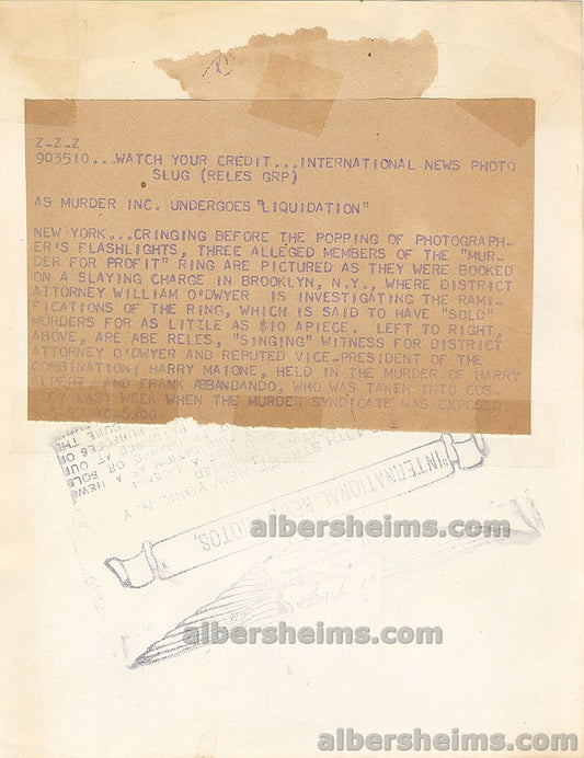 1940 Murder Inc. Mobsters – Happy Maione & Frank Abbandondo Booked on Murder Original TYPE I Photo