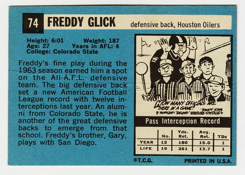 1964 Topps #74 Freddy Glick AUTO Signed AUTO Houston Oilers AFL