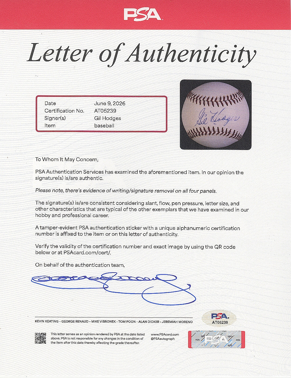 Gil Hodges Signed AUTO Official American League Baseball PSA/DNA LOA
