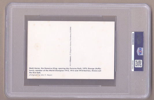 Hank Aaron Signed AUTO Postcard Photo 1975 Opening Day Fenway Park /w Duffy Lewis PSA/DNA