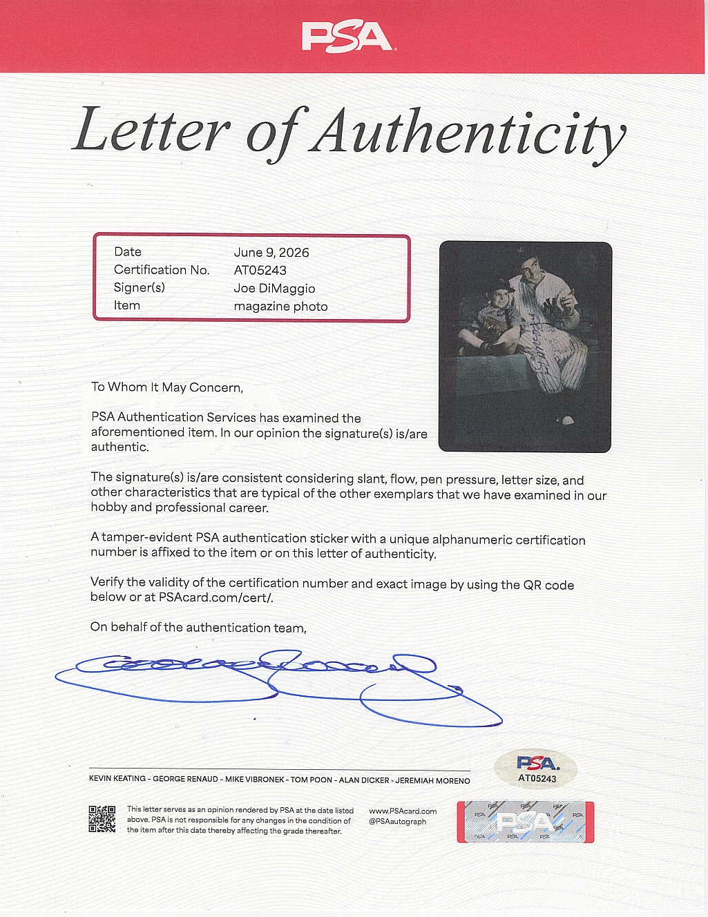 Joe DiMaggio Signed AUTO Photo Pictured with Joe Jr. Yankees Baseball HOF PSA/DNA LOA