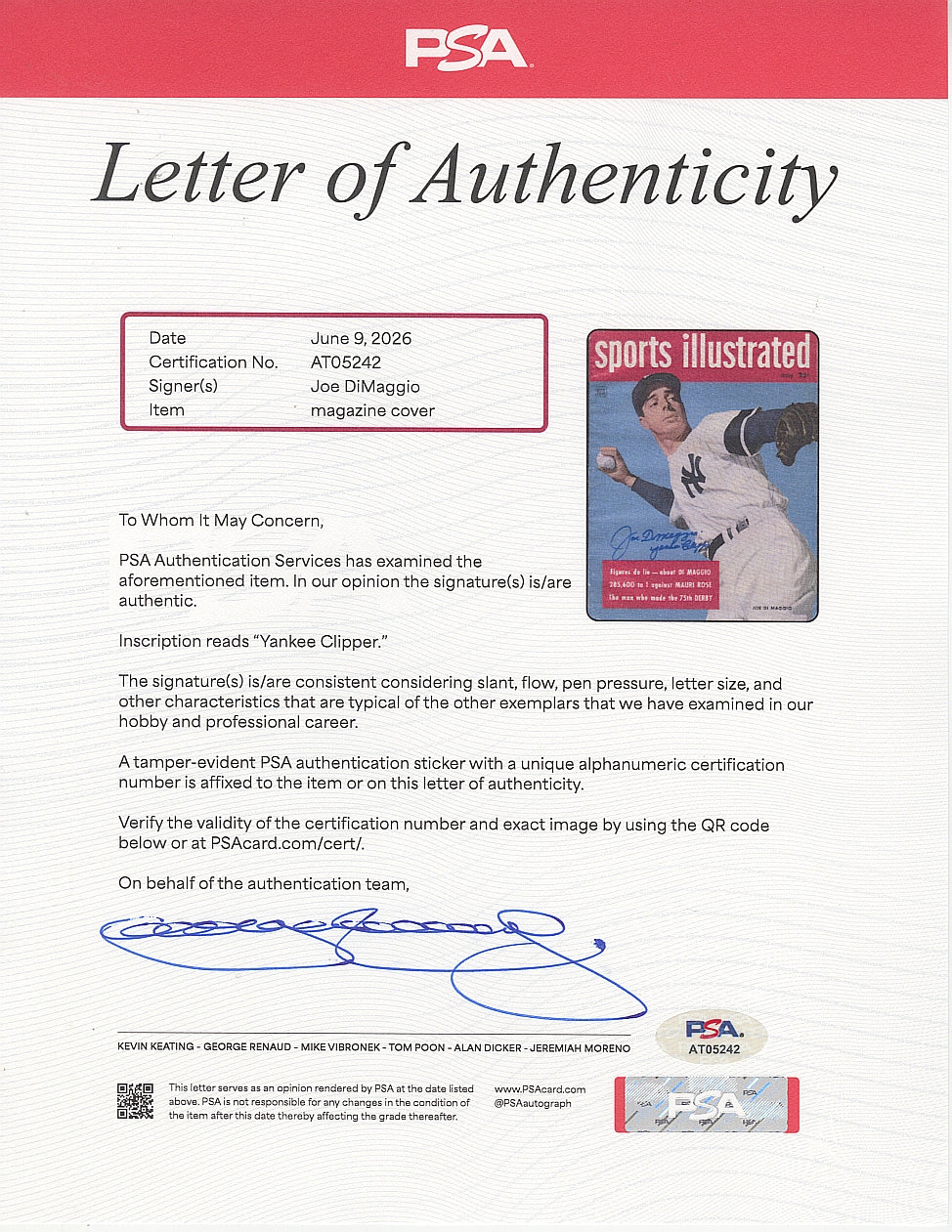 Joe DiMaggio Signed AUTO Dell May 1949 Sports Illustrated Full Issue Yankee Clipper Inscription PSA/DNA LOA