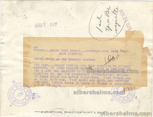 1939 Johnny Torrio Chicago Mob Boss – Lucky Luciano Advisor – Al Capone’s Mentor Original Type I Photo