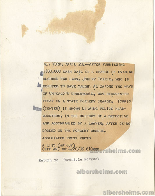 1936 Chicago Mob Boss & Al Capone Mentor – Johnny Torrio Leaving Police Headquarters Original TYPE I Photo