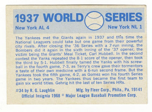 1968 Fleer Laughlin Lefty Gomez Signed AUTO 1937 World Series #34 Baseball Card