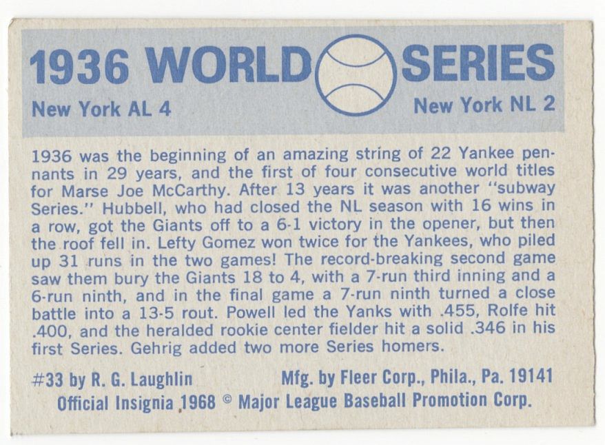 1968 Fleer Laughlin Lefty Gomez Signed AUTO 1936 World Series #33 Baseball Card
