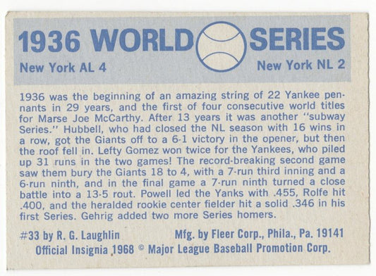 1968 Fleer Laughlin Lefty Gomez Signed AUTO 1936 World Series #33 Baseball Card
