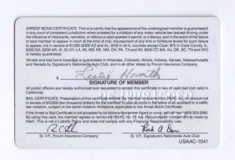 Les Horvath SIGNED AUTO USAA Nationwide Auto Club Membership Card – Family LOA