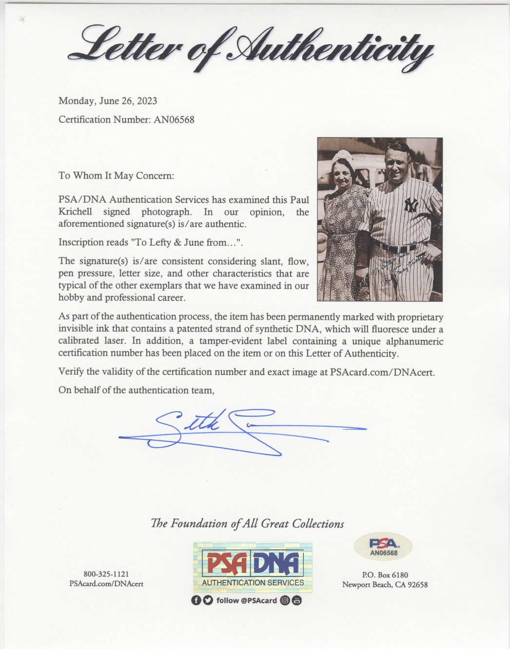 Paul Krichell Yankees Signed Lou Gehrig AUTO Photo Personalized to HOFer Lefty Gomez PSA/DNA LOA