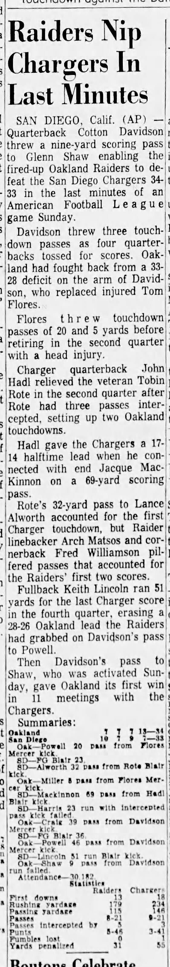 1963 San Diego Chargers vs. Oakland Raiders AFL football program October 27th NR MT-MT