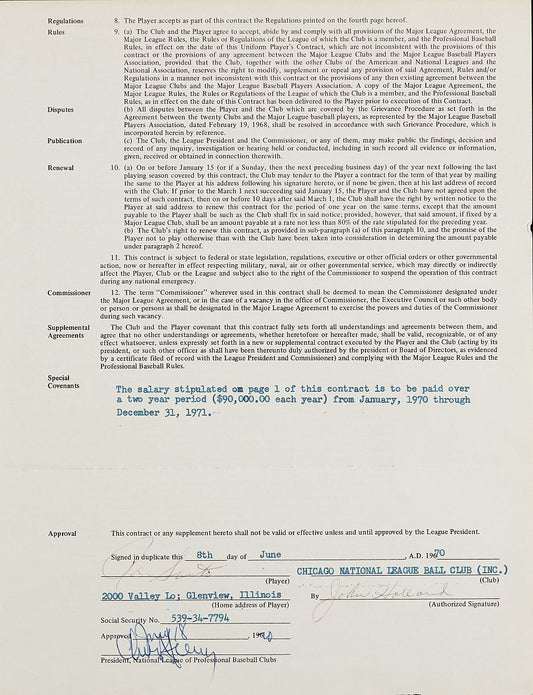 1971 Ron Santo Signed AUTO Chicago Cubs Baseball Contract Hall of Fame BAS LOA