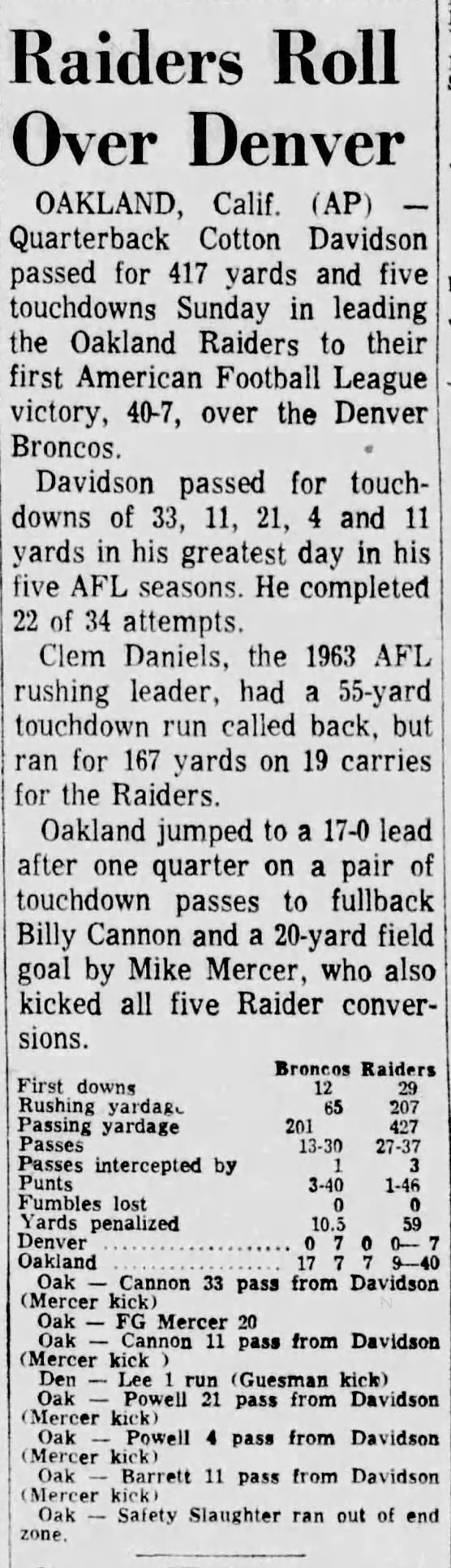 October 25, 1964 Oakland Raiders vs Denver Broncos AFL Football Game Program