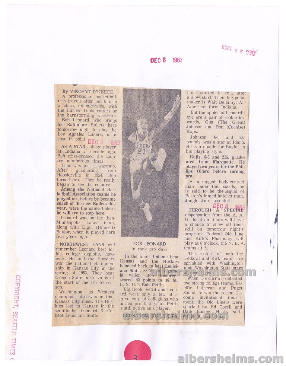 Circa 1959 Bob Slick Leonard Minneapolis Lakers Original TYPE I Photo Basketball HOF