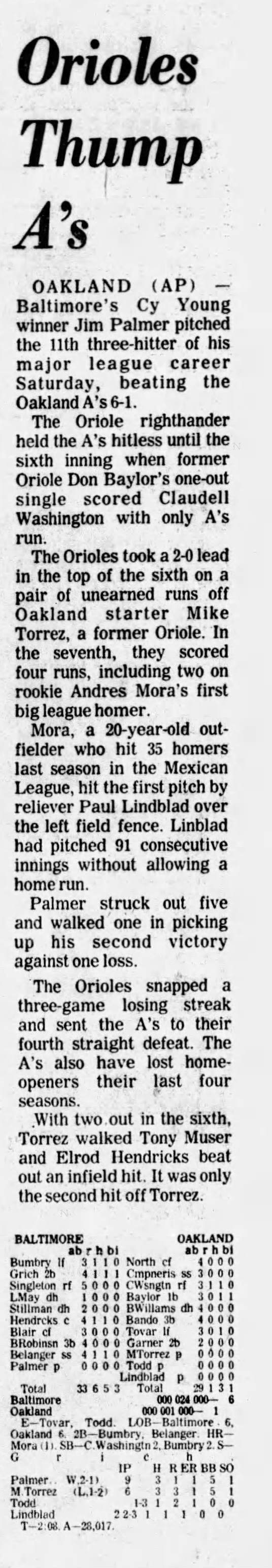 April 17, 1976 A’s vs Orioles Ticket Stub Jim Palmer 3 Hitter – Mexican BB HOF Legend - Andres Mora 1st MLB HR