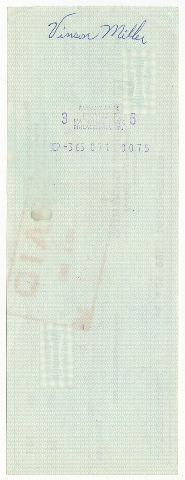 Vinson Miller – Wilt Chamberlain’s Overbrook Teammate - Ike Richman Signed AUTO 1965 Philadelphia 76ers payroll check BAS