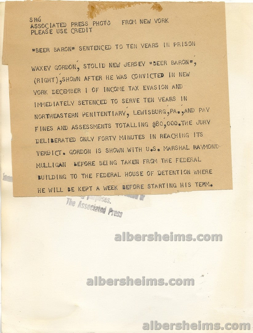 1933 Gangster & Beer Baron Waxey Gordon Sentenced to 10 Years in Prison Original TYPE I Photo
