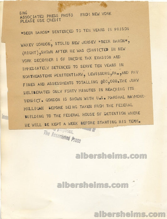 1933 Gangster & Beer Baron Waxey Gordon Sentenced to 10 Years in Prison Original TYPE I Photo