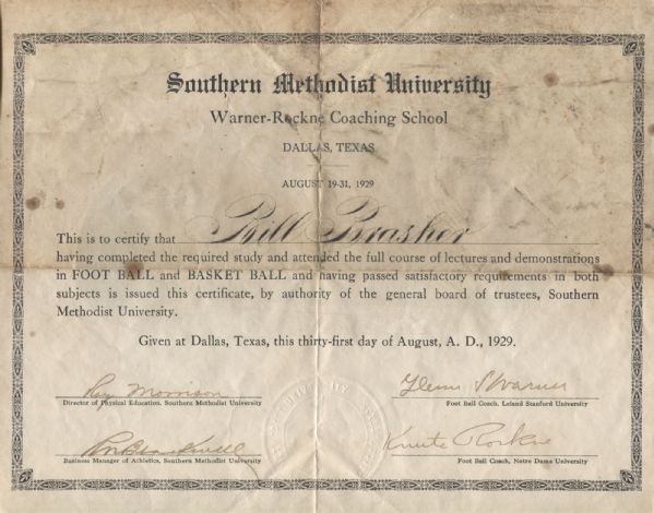 Knute Rockne & Glenn Pop Warner Signed Coaching Certificate Diploma
