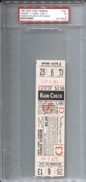 Roger Maris Full Yankees Home Run Ticket – September 2, 1961 – HR #52 & #53